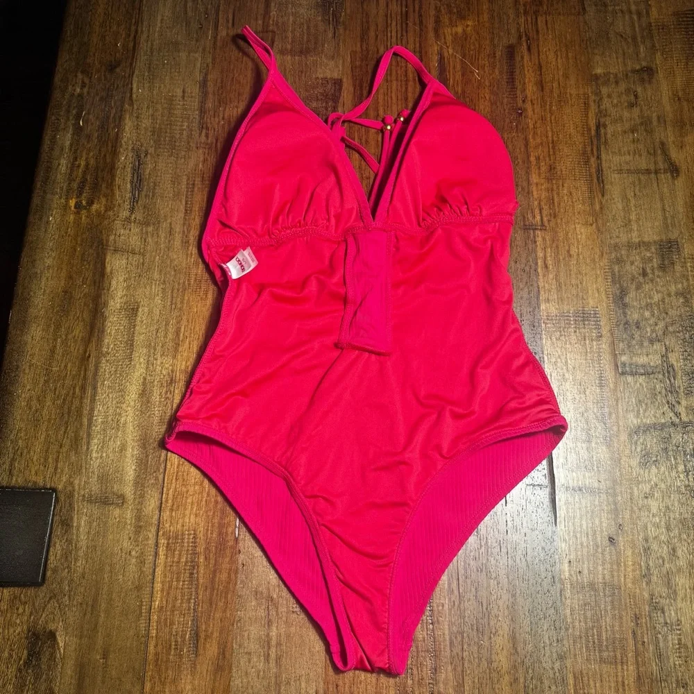 EUC Bongo Pink Ribbed Plunge Lace-Up One Piece‎ Swimsuit Size Large
